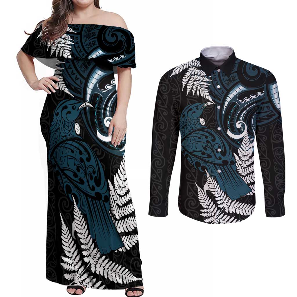 New Zealand Tui Bird Couples Matching Off Shoulder Maxi Dress and Long Sleeve Button Shirt Maori Kowhaiwhai LT7 Teal - Polynesian Pride