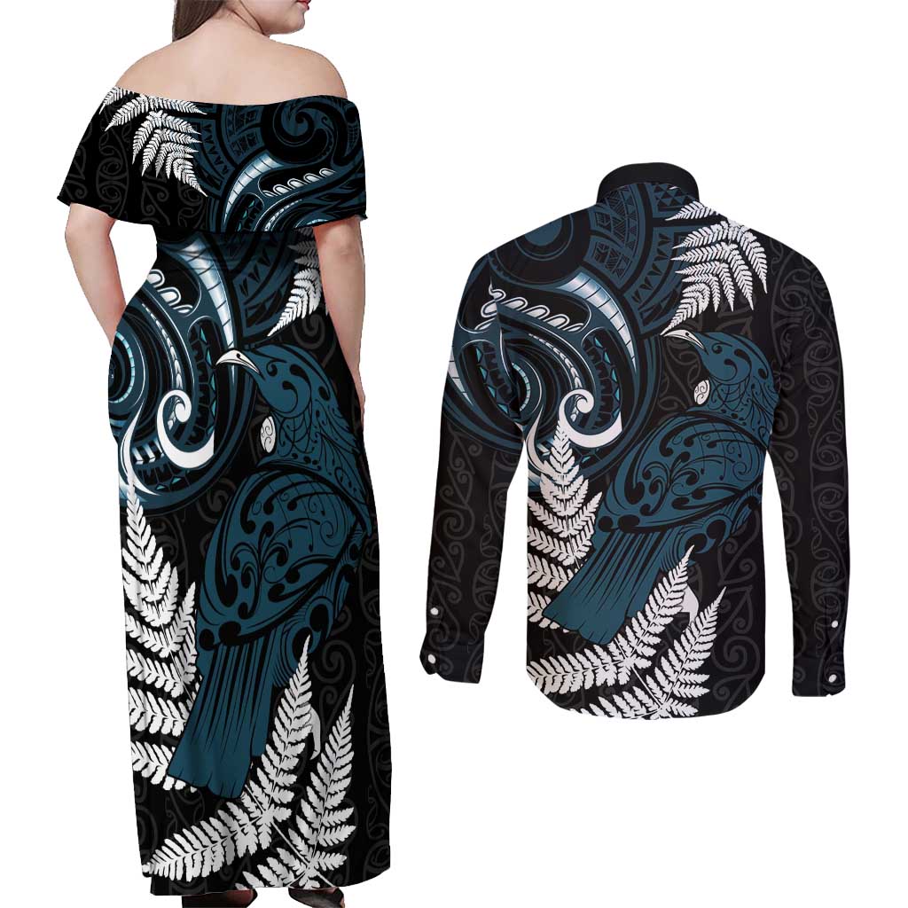 New Zealand Tui Bird Couples Matching Off Shoulder Maxi Dress and Long Sleeve Button Shirt Maori Kowhaiwhai LT7 - Polynesian Pride