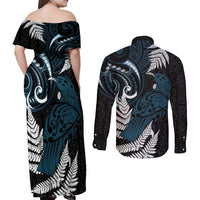 New Zealand Tui Bird Couples Matching Off Shoulder Maxi Dress and Long Sleeve Button Shirt Maori Kowhaiwhai LT7 - Polynesian Pride
