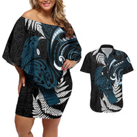 New Zealand Tui Bird Couples Matching Off Shoulder Short Dress and Hawaiian Shirt Maori Kowhaiwhai LT7 Teal - Polynesian Pride