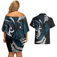 New Zealand Tui Bird Couples Matching Off Shoulder Short Dress and Hawaiian Shirt Maori Kowhaiwhai LT7 - Polynesian Pride