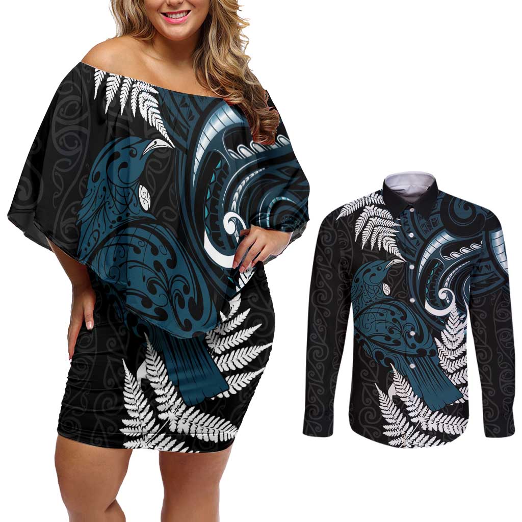 New Zealand Tui Bird Couples Matching Off Shoulder Short Dress and Long Sleeve Button Shirt Maori Kowhaiwhai LT7 Teal - Polynesian Pride