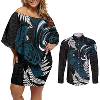 New Zealand Tui Bird Couples Matching Off Shoulder Short Dress and Long Sleeve Button Shirt Maori Kowhaiwhai LT7 Teal - Polynesian Pride