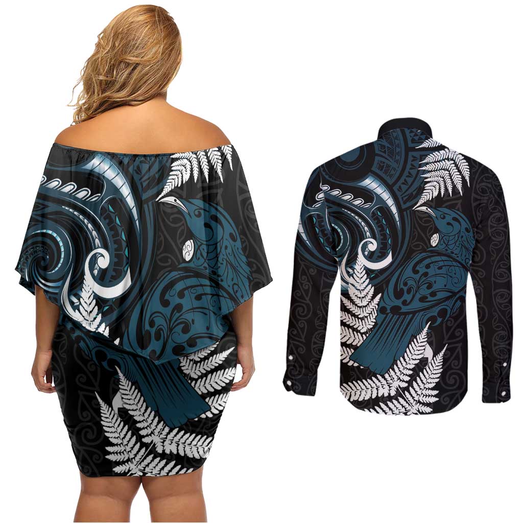 New Zealand Tui Bird Couples Matching Off Shoulder Short Dress and Long Sleeve Button Shirt Maori Kowhaiwhai LT7 - Polynesian Pride