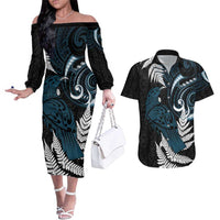 New Zealand Tui Bird Couples Matching Off The Shoulder Long Sleeve Dress and Hawaiian Shirt Maori Kowhaiwhai LT7 Teal - Polynesian Pride