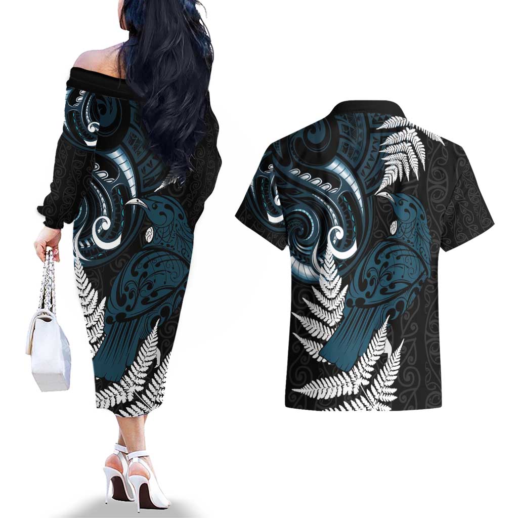 New Zealand Tui Bird Couples Matching Off The Shoulder Long Sleeve Dress and Hawaiian Shirt Maori Kowhaiwhai LT7 - Polynesian Pride