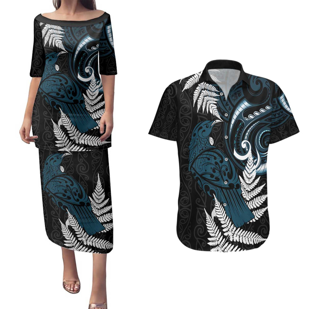 New Zealand Tui Bird Couples Matching Puletasi and Hawaiian Shirt Maori Kowhaiwhai LT7 Teal - Polynesian Pride