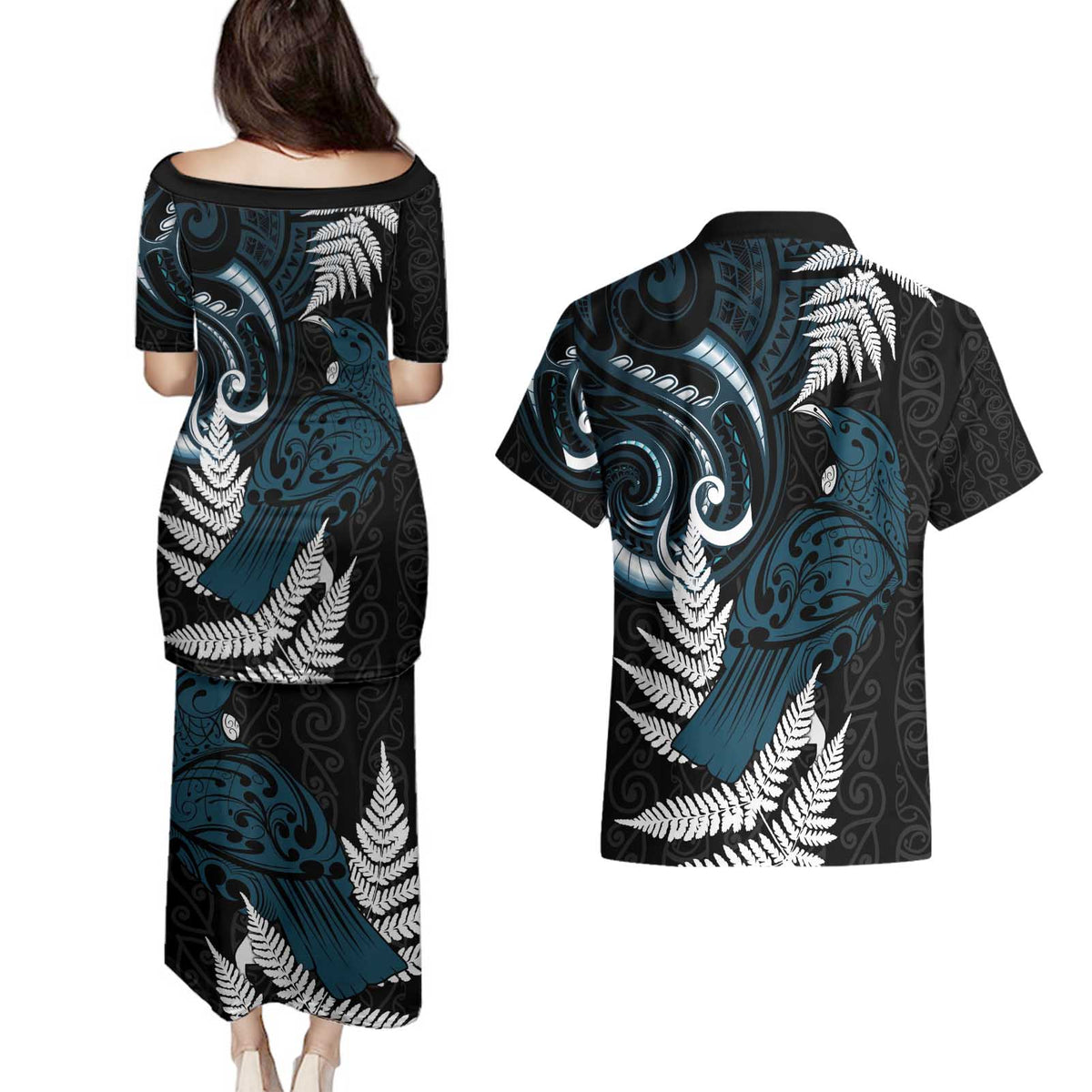 New Zealand Tui Bird Couples Matching Puletasi and Hawaiian Shirt Maori Kowhaiwhai LT7 - Polynesian Pride