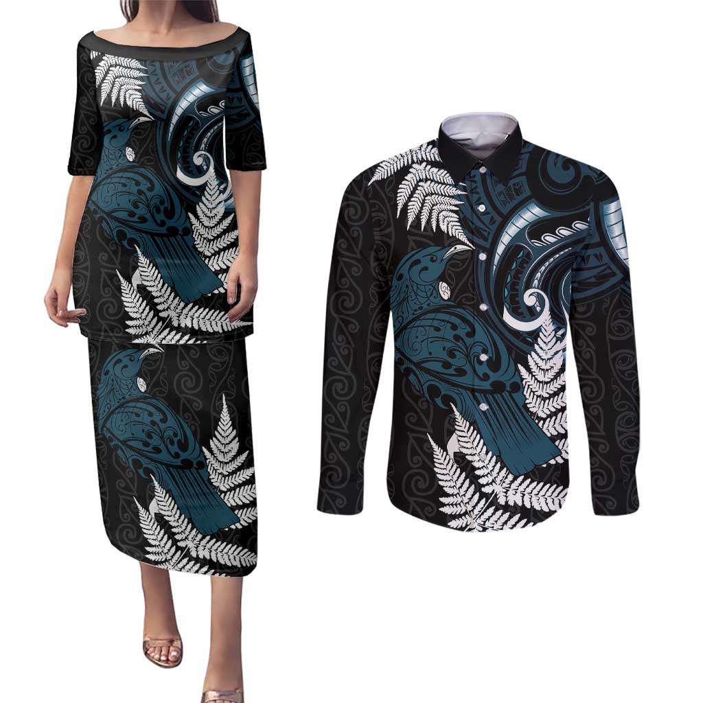 New Zealand Tui Bird Couples Matching Puletasi and Long Sleeve Button Shirt Maori Kowhaiwhai LT7 Teal - Polynesian Pride