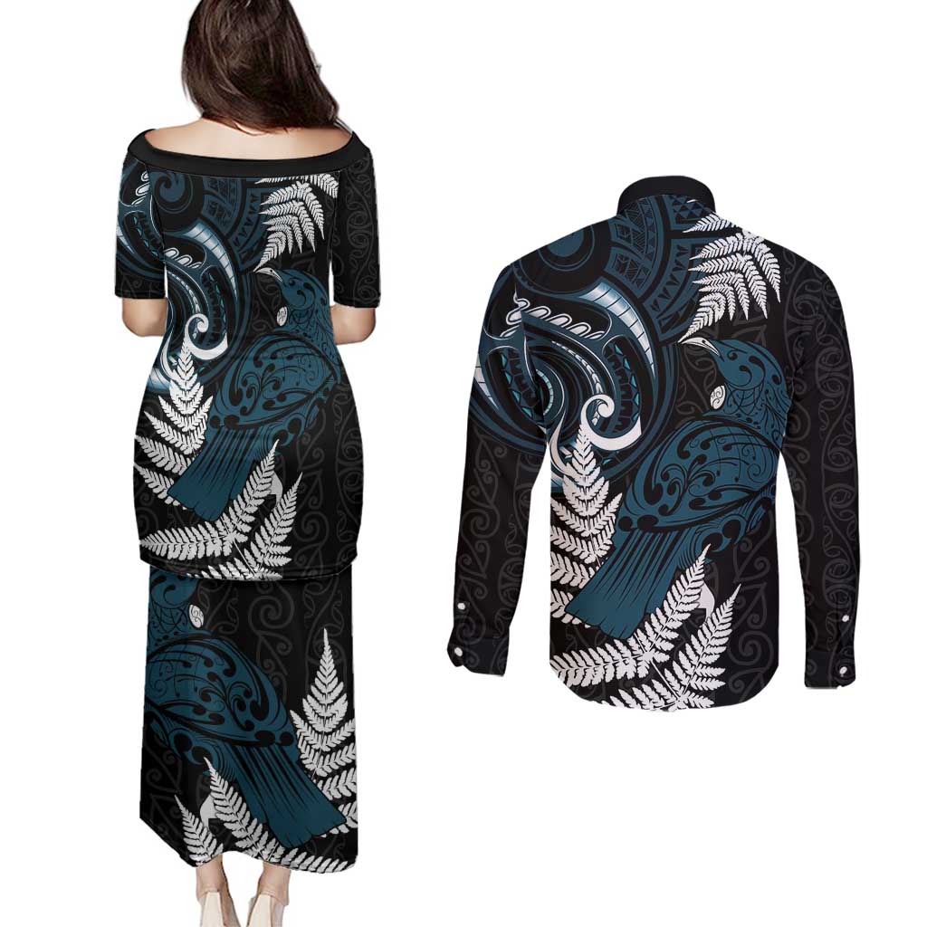 New Zealand Tui Bird Couples Matching Puletasi and Long Sleeve Button Shirt Maori Kowhaiwhai LT7 - Polynesian Pride