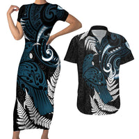 New Zealand Tui Bird Couples Matching Short Sleeve Bodycon Dress and Hawaiian Shirt Maori Kowhaiwhai LT7 Teal - Polynesian Pride