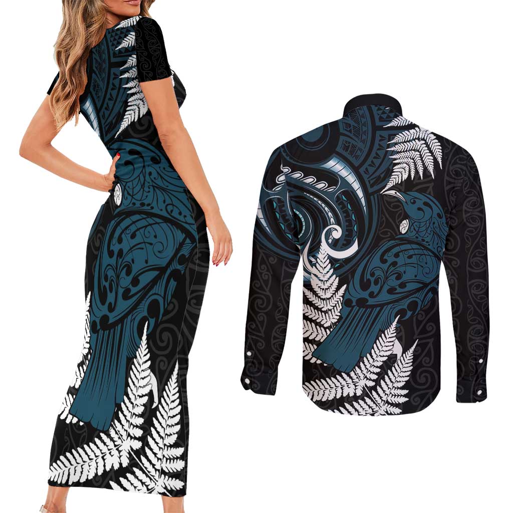 New Zealand Tui Bird Couples Matching Short Sleeve Bodycon Dress and Long Sleeve Button Shirt Maori Kowhaiwhai LT7 - Polynesian Pride