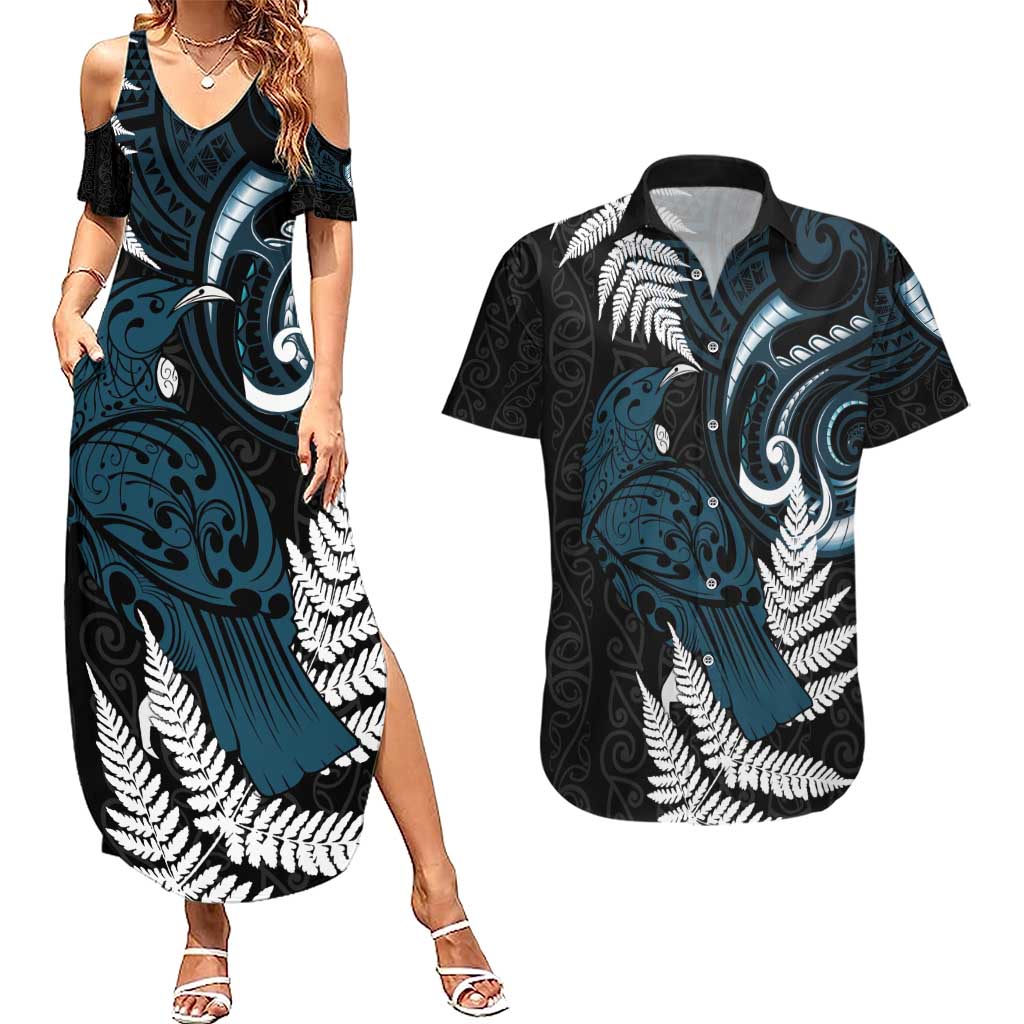 New Zealand Tui Bird Couples Matching Summer Maxi Dress and Hawaiian Shirt Maori Kowhaiwhai LT7 Teal - Polynesian Pride
