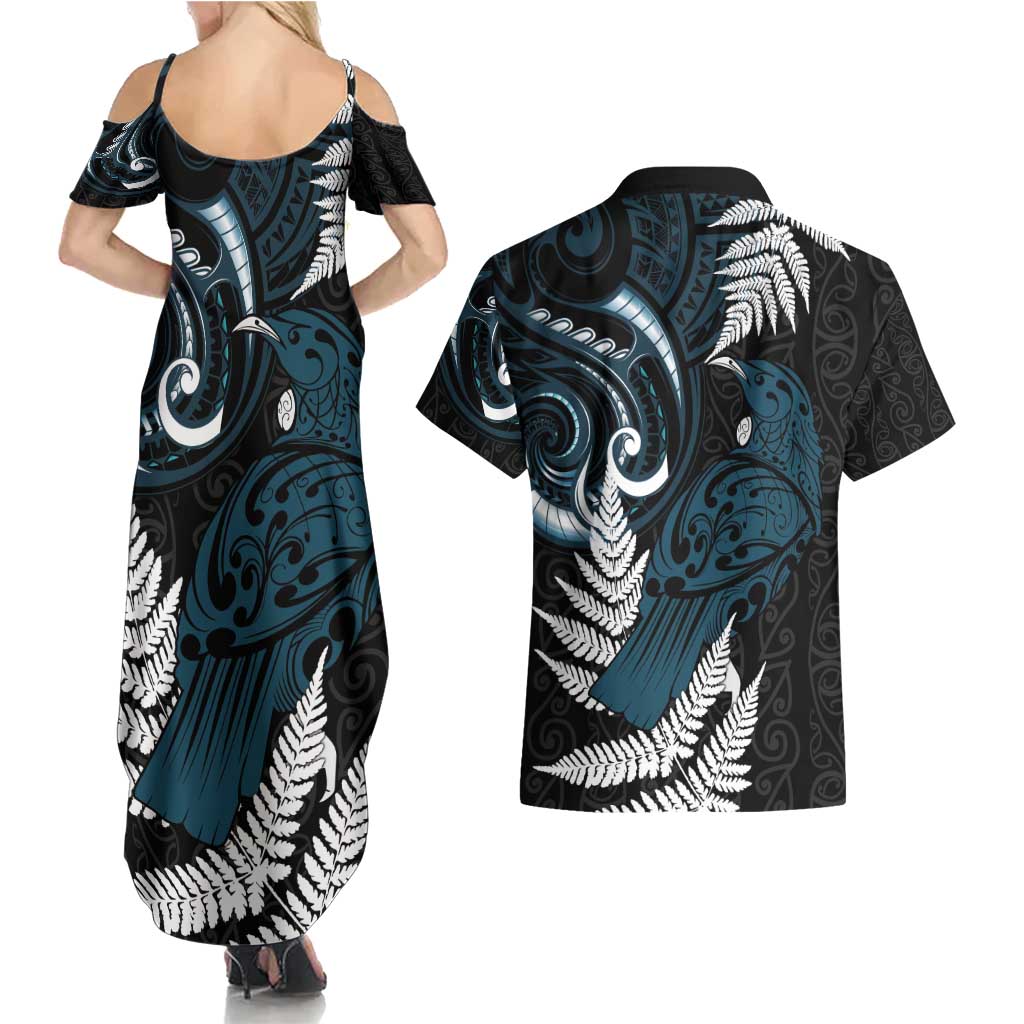 New Zealand Tui Bird Couples Matching Summer Maxi Dress and Hawaiian Shirt Maori Kowhaiwhai LT7 - Polynesian Pride
