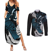 New Zealand Tui Bird Couples Matching Summer Maxi Dress and Long Sleeve Button Shirt Maori Kowhaiwhai LT7 Teal - Polynesian Pride