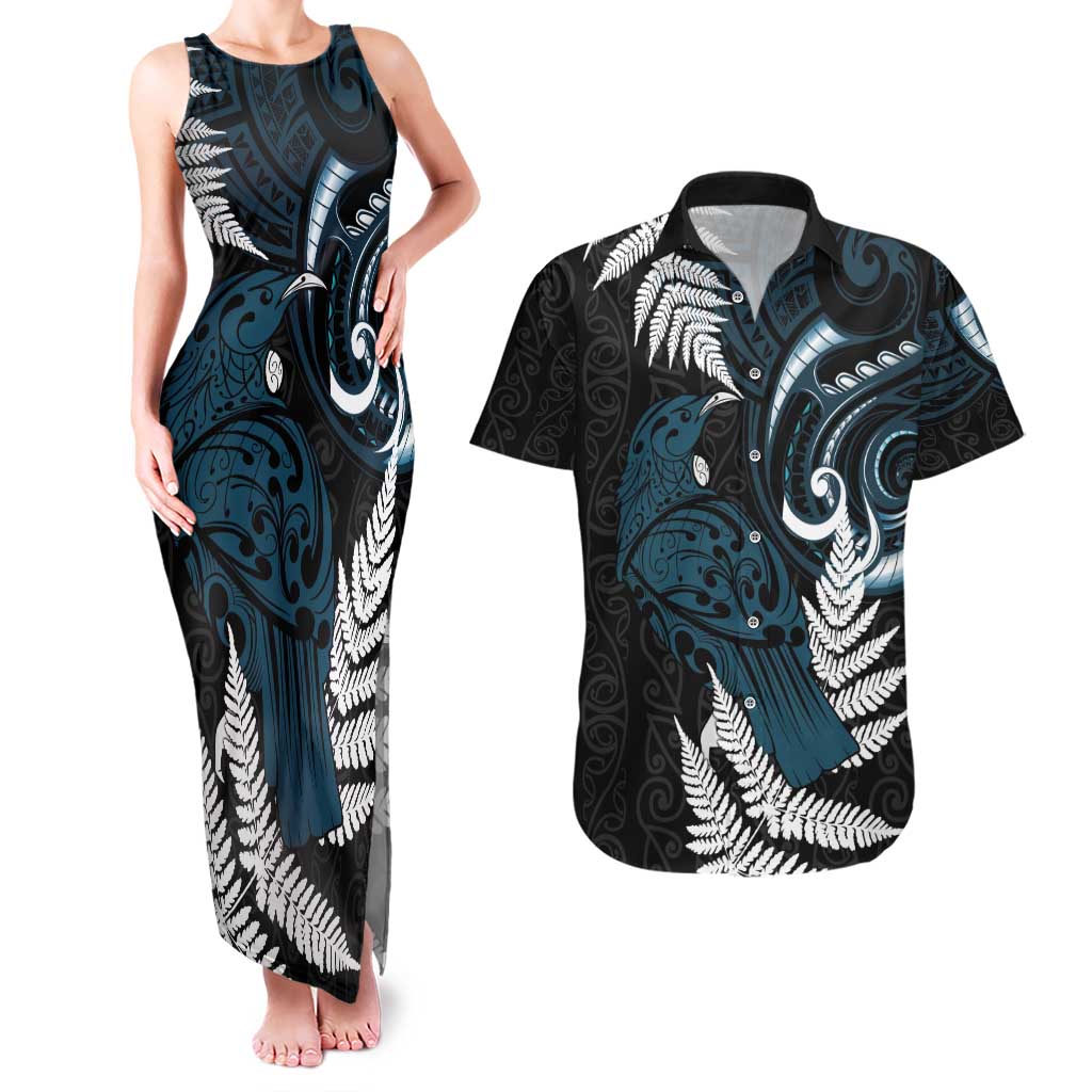 New Zealand Tui Bird Couples Matching Tank Maxi Dress and Hawaiian Shirt Maori Kowhaiwhai LT7 Teal - Polynesian Pride