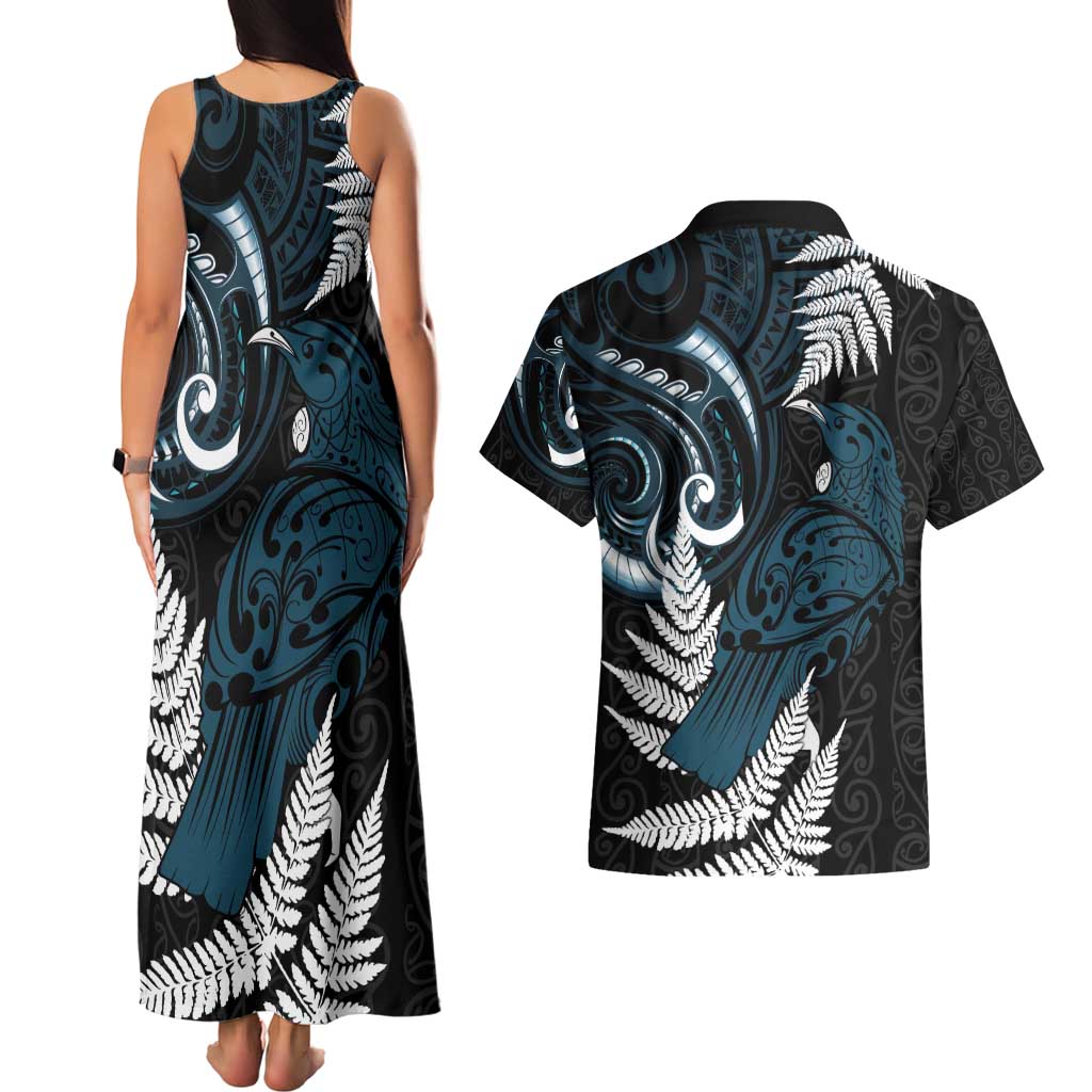 New Zealand Tui Bird Couples Matching Tank Maxi Dress and Hawaiian Shirt Maori Kowhaiwhai LT7 - Polynesian Pride