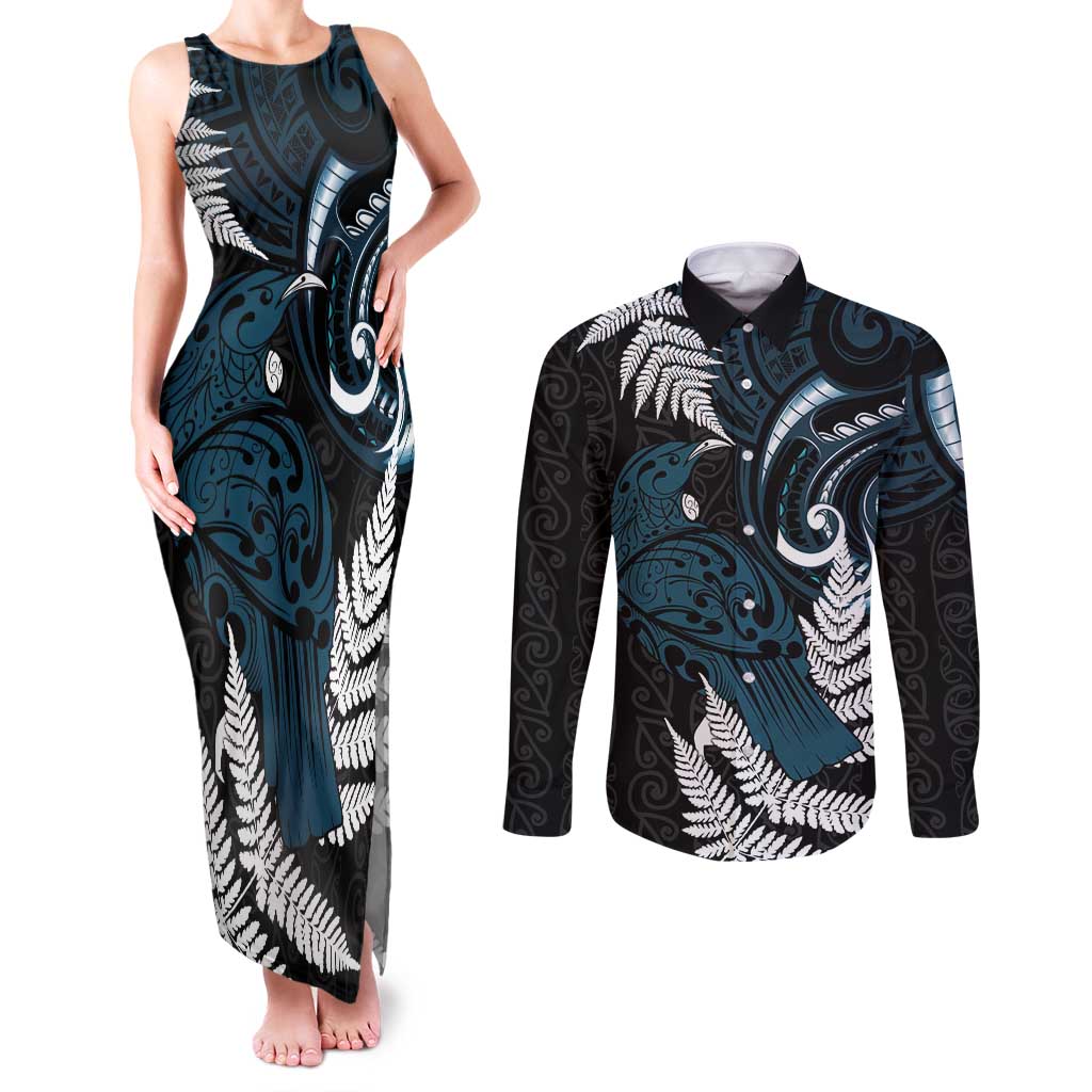 New Zealand Tui Bird Couples Matching Tank Maxi Dress and Long Sleeve Button Shirt Maori Kowhaiwhai LT7 Teal - Polynesian Pride