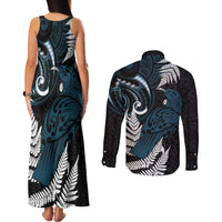 New Zealand Tui Bird Couples Matching Tank Maxi Dress and Long Sleeve Button Shirt Maori Kowhaiwhai LT7 - Polynesian Pride