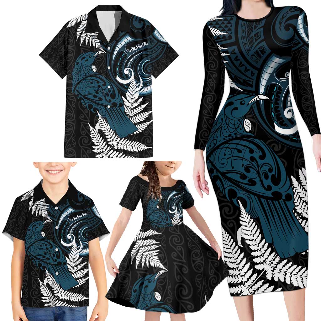 New Zealand Tui Bird Family Matching Long Sleeve Bodycon Dress and Hawaiian Shirt Maori Kowhaiwhai LT7 - Polynesian Pride
