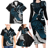 New Zealand Tui Bird Family Matching Long Sleeve Bodycon Dress and Hawaiian Shirt Maori Kowhaiwhai LT7 - Polynesian Pride