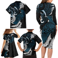 New Zealand Tui Bird Family Matching Long Sleeve Bodycon Dress and Hawaiian Shirt Maori Kowhaiwhai LT7 - Polynesian Pride