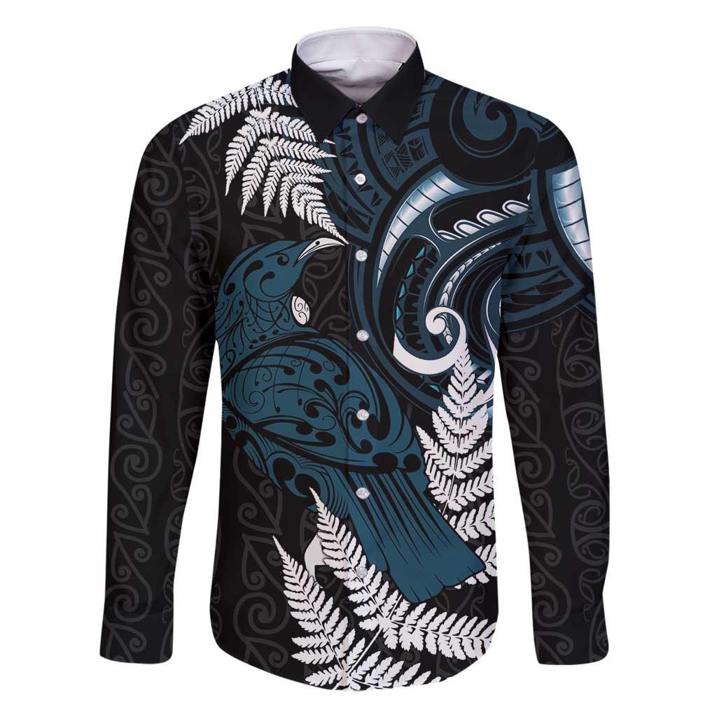 New Zealand Tui Bird Family Matching Long Sleeve Bodycon Dress and Hawaiian Shirt Maori Kowhaiwhai LT7 Dad's Shirt - Long Sleeve Teal - Polynesian Pride