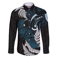 New Zealand Tui Bird Family Matching Long Sleeve Bodycon Dress and Hawaiian Shirt Maori Kowhaiwhai LT7 Dad's Shirt - Long Sleeve Teal - Polynesian Pride