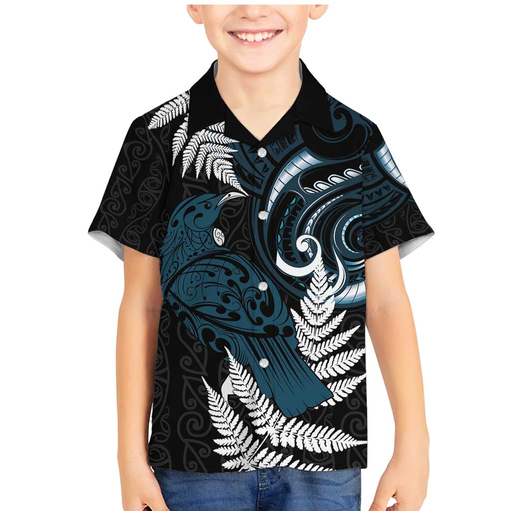 New Zealand Tui Bird Family Matching Mermaid Dress and Hawaiian Shirt Maori Kowhaiwhai LT7 Son's Shirt Teal - Polynesian Pride