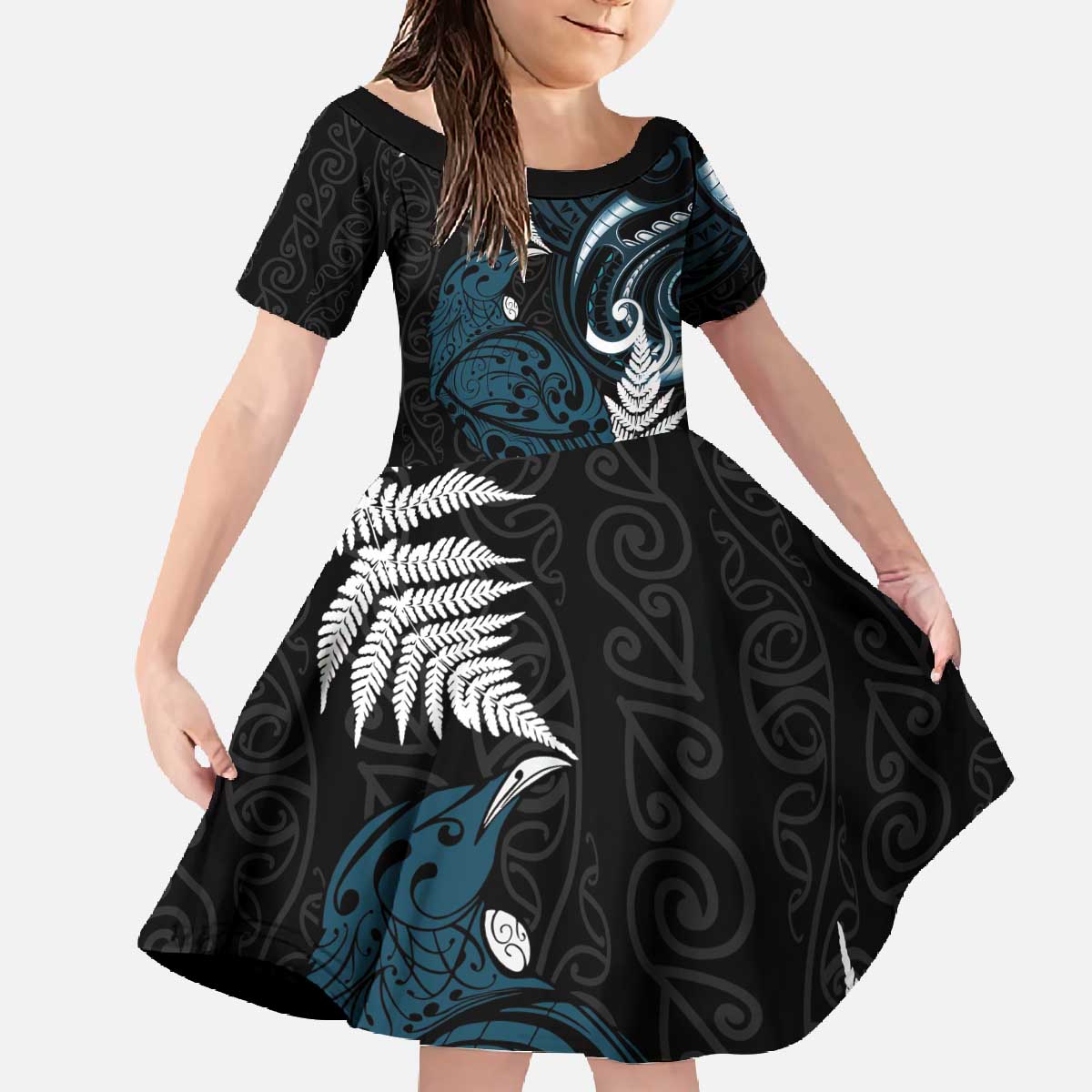 New Zealand Tui Bird Family Matching Off The Shoulder Long Sleeve Dress and Hawaiian Shirt Maori Kowhaiwhai LT7 Daughter's Dress Teal - Polynesian Pride