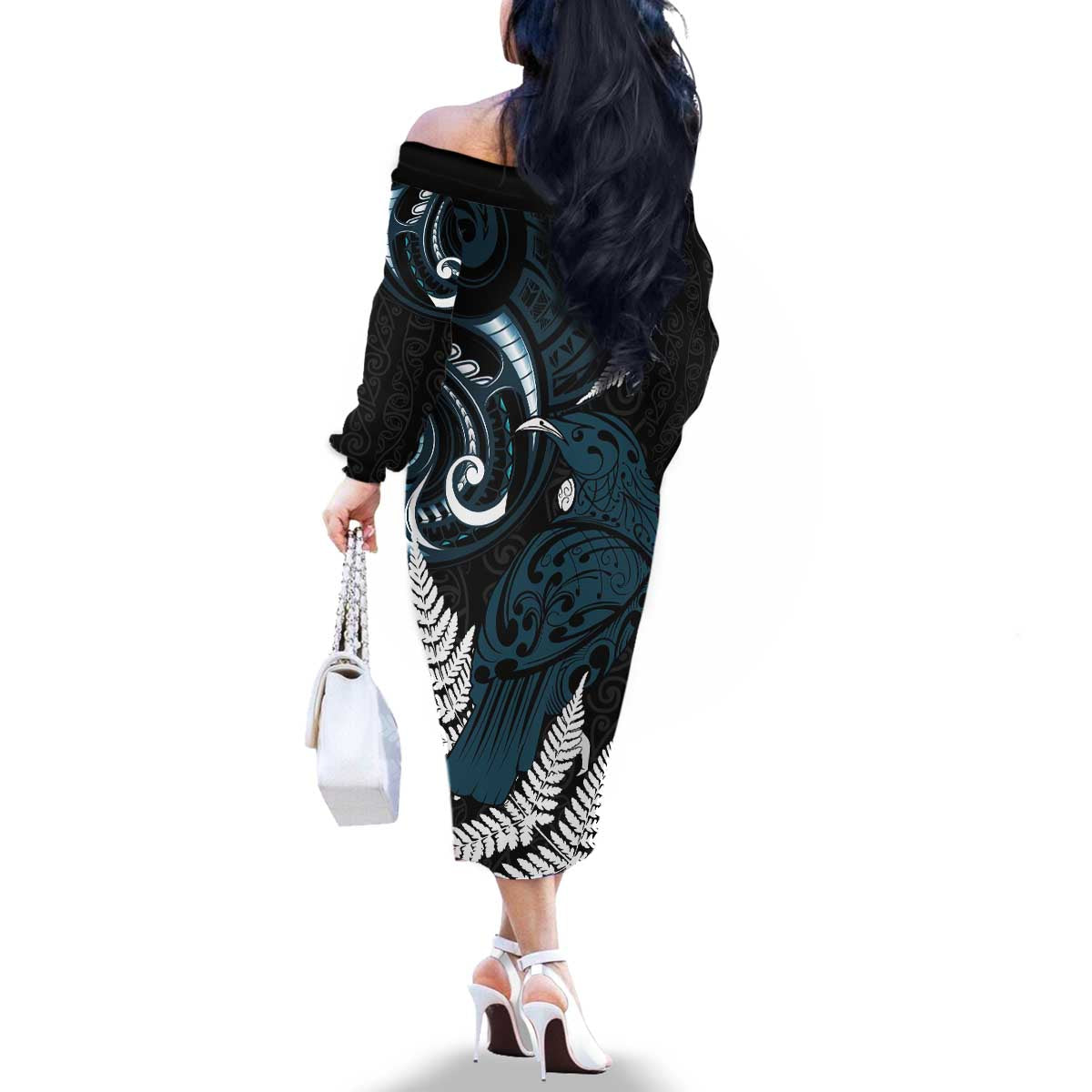 New Zealand Tui Bird Family Matching Off The Shoulder Long Sleeve Dress and Hawaiian Shirt Maori Kowhaiwhai LT7 - Polynesian Pride