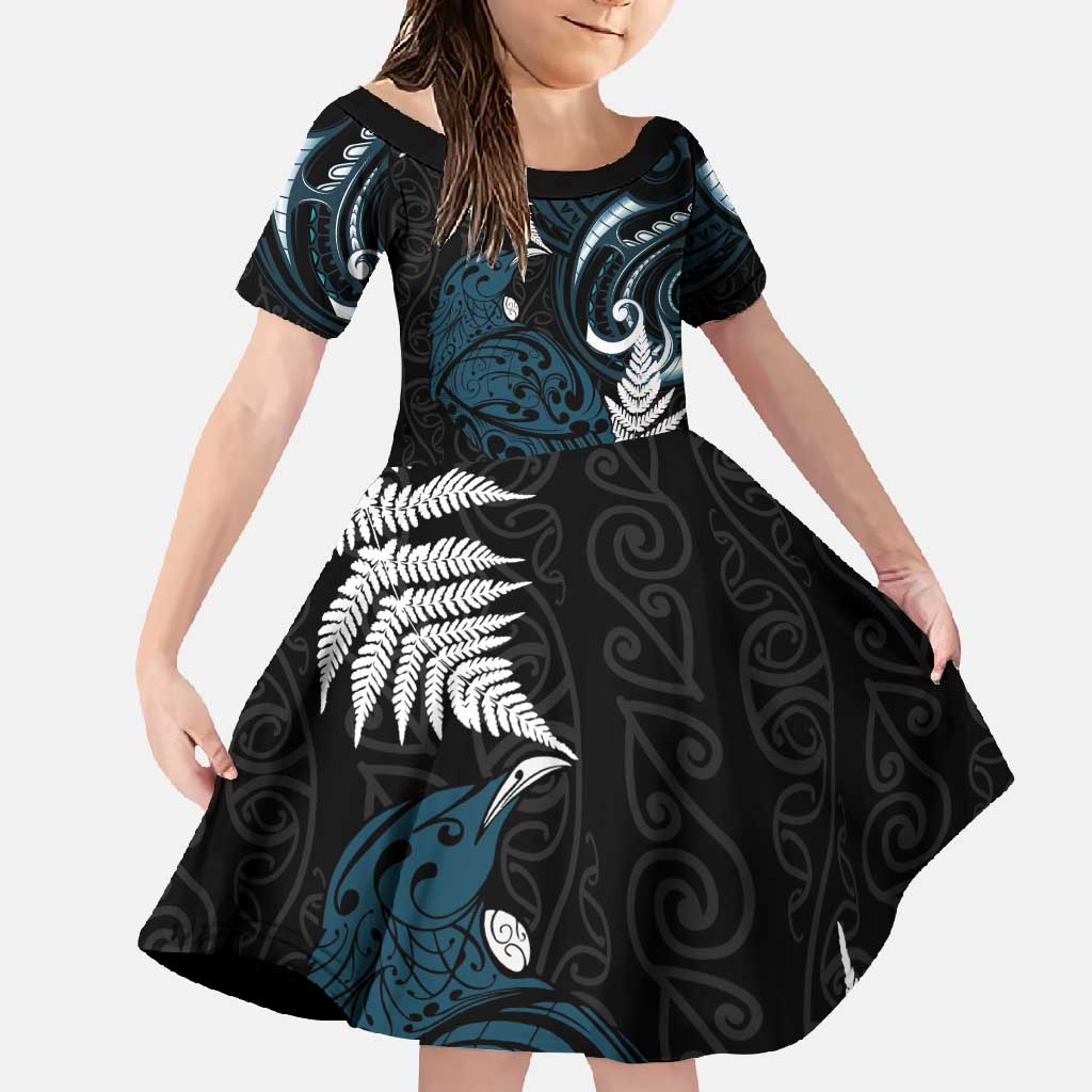 New Zealand Tui Bird Family Matching Off Shoulder Maxi Dress and Hawaiian Shirt Maori Kowhaiwhai LT7 Daughter's Dress Teal - Polynesian Pride