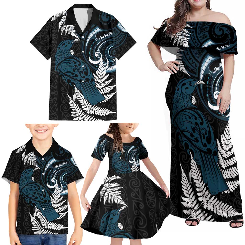 New Zealand Tui Bird Family Matching Off Shoulder Maxi Dress and Hawaiian Shirt Maori Kowhaiwhai LT7 - Polynesian Pride