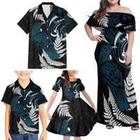 New Zealand Tui Bird Family Matching Off Shoulder Maxi Dress and Hawaiian Shirt Maori Kowhaiwhai LT7 - Polynesian Pride