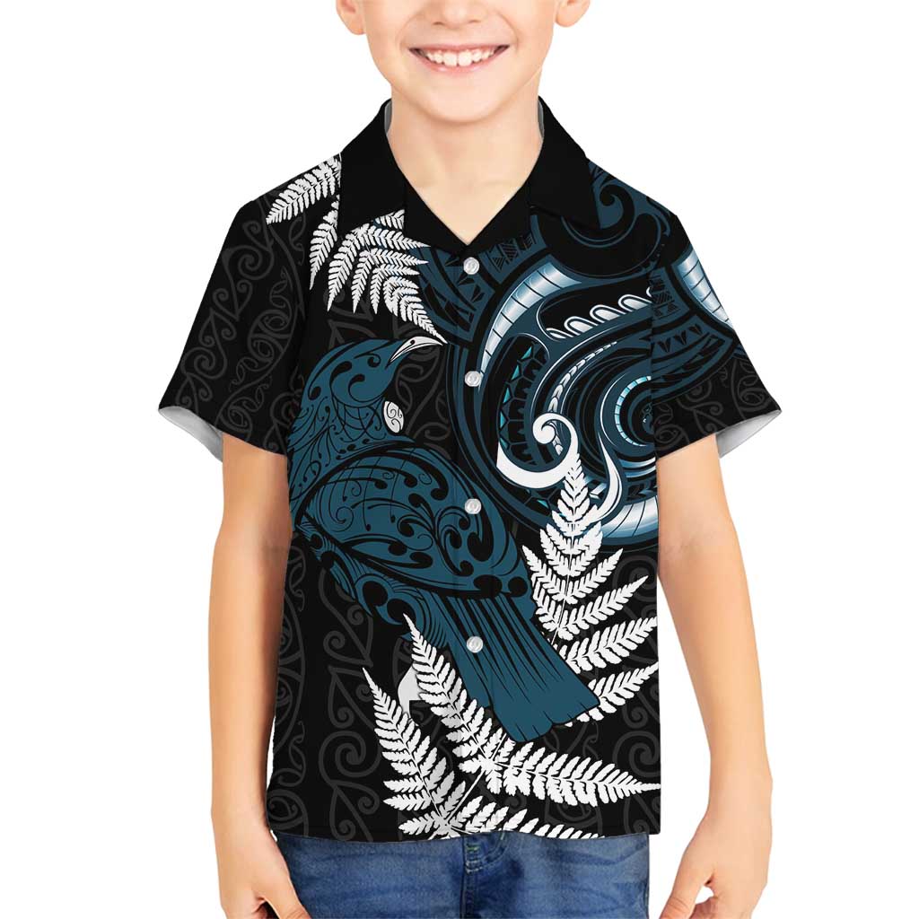 New Zealand Tui Bird Family Matching Off Shoulder Maxi Dress and Hawaiian Shirt Maori Kowhaiwhai LT7 Son's Shirt Teal - Polynesian Pride