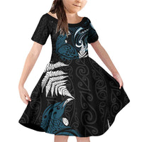 New Zealand Tui Bird Family Matching Off Shoulder Short Dress and Hawaiian Shirt Maori Kowhaiwhai LT7 Daughter's Dress Teal - Polynesian Pride