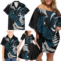 New Zealand Tui Bird Family Matching Off Shoulder Short Dress and Hawaiian Shirt Maori Kowhaiwhai LT7 - Polynesian Pride