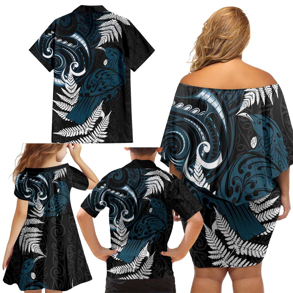 New Zealand Tui Bird Family Matching Off Shoulder Short Dress and Hawaiian Shirt Maori Kowhaiwhai LT7 - Polynesian Pride