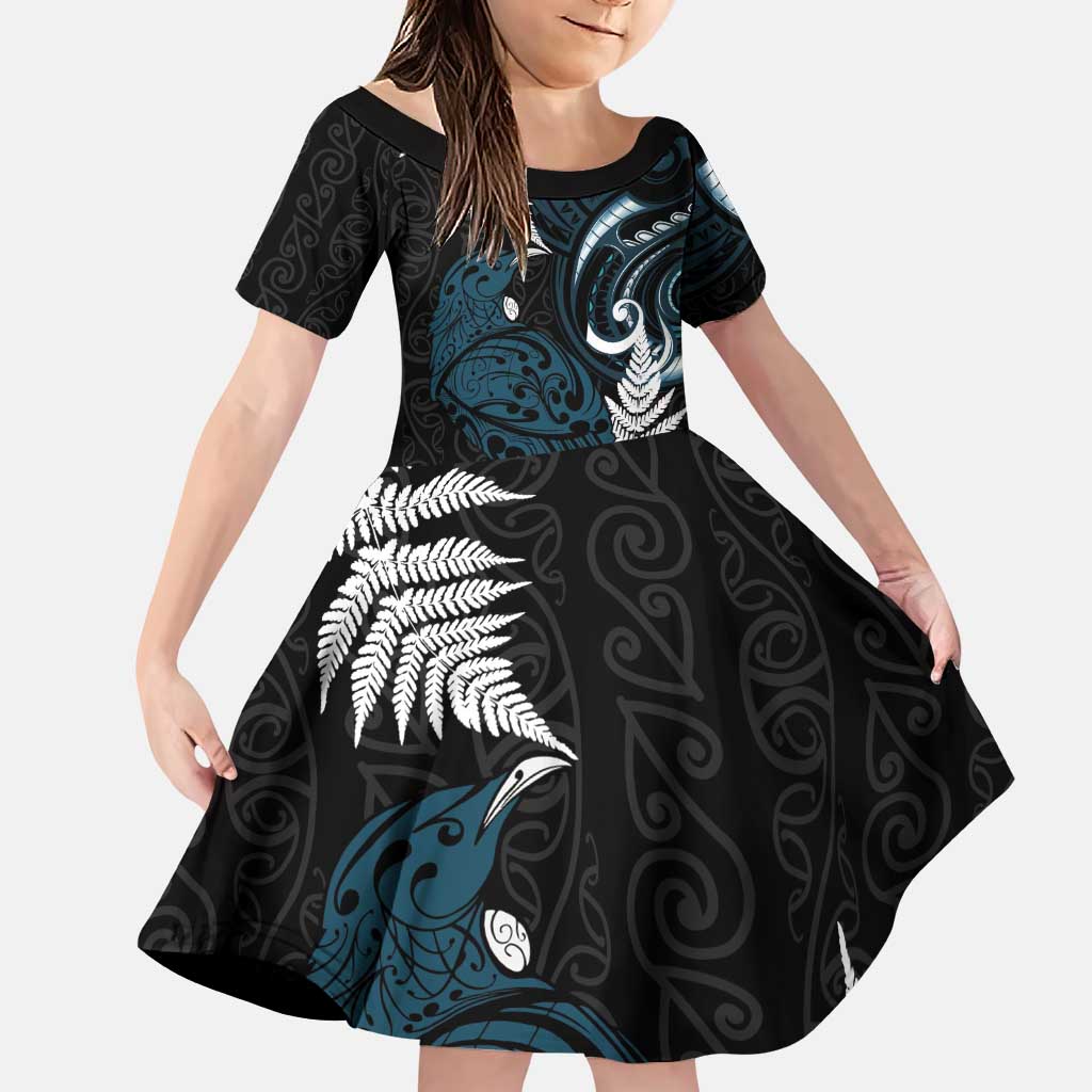 New Zealand Tui Bird Family Matching Puletasi and Hawaiian Shirt Maori Kowhaiwhai LT7 Daughter's Dress Teal - Polynesian Pride