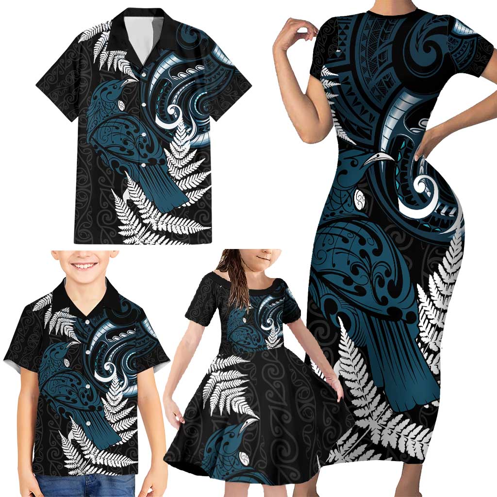 New Zealand Tui Bird Family Matching Short Sleeve Bodycon Dress and Hawaiian Shirt Maori Kowhaiwhai LT7 - Polynesian Pride