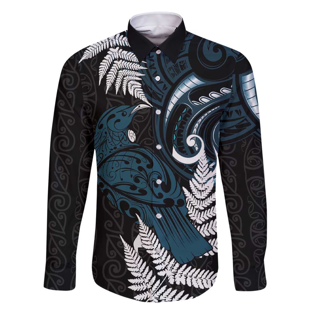 New Zealand Tui Bird Family Matching Short Sleeve Bodycon Dress and Hawaiian Shirt Maori Kowhaiwhai LT7 Dad's Shirt - Long Sleeve Teal - Polynesian Pride