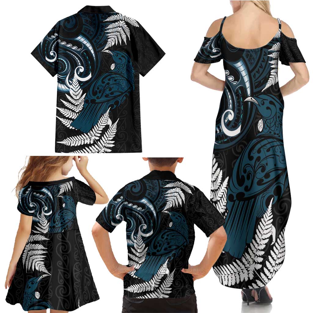 New Zealand Tui Bird Family Matching Summer Maxi Dress and Hawaiian Shirt Maori Kowhaiwhai LT7 - Polynesian Pride