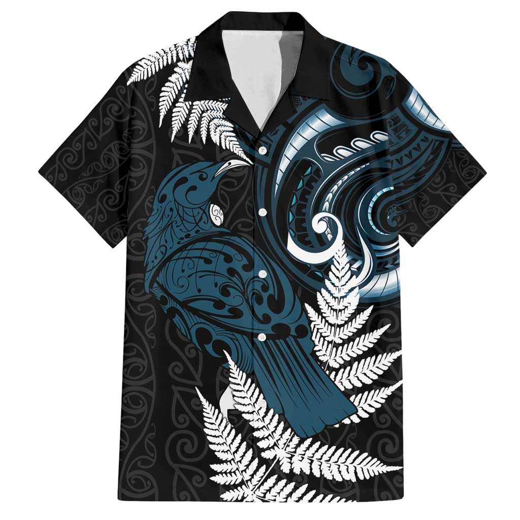 New Zealand Tui Bird Family Matching Summer Maxi Dress and Hawaiian Shirt Maori Kowhaiwhai LT7 Dad's Shirt - Short Sleeve Teal - Polynesian Pride