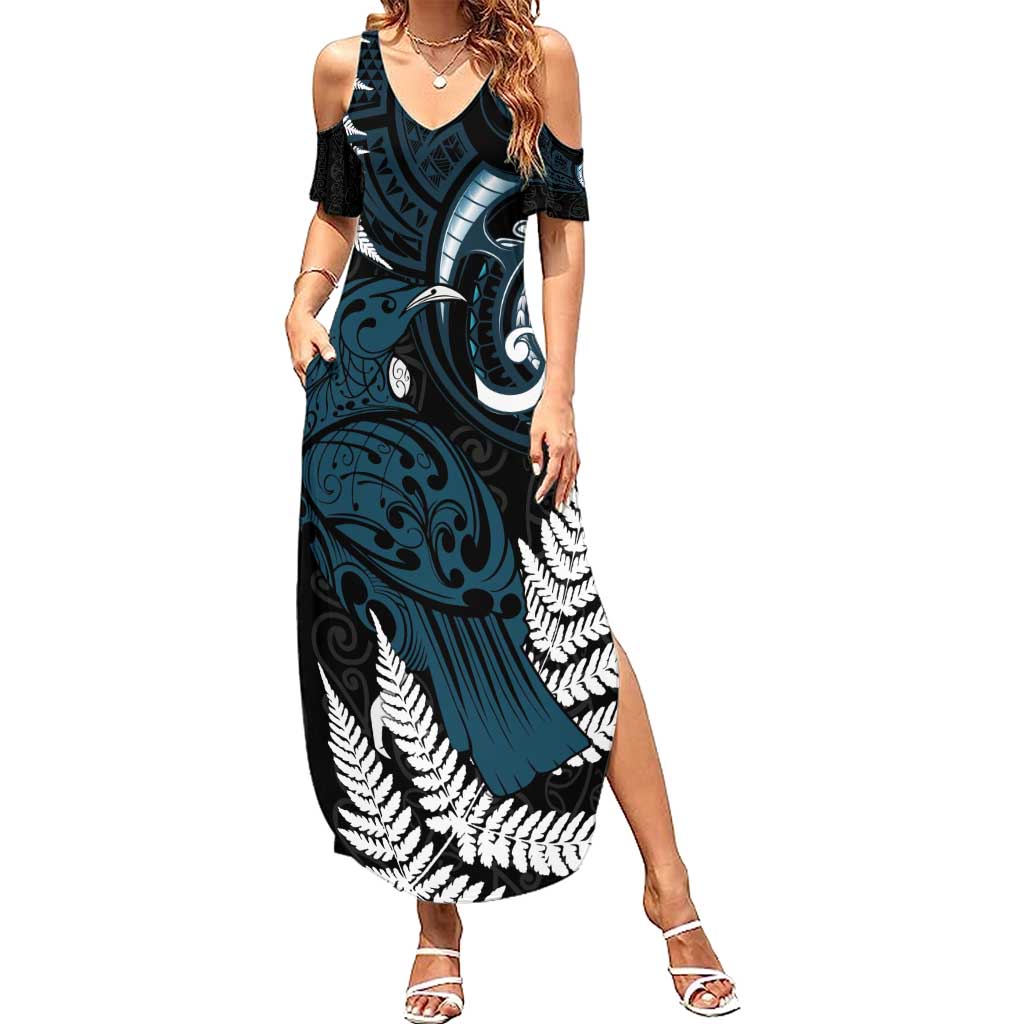 New Zealand Tui Bird Family Matching Summer Maxi Dress and Hawaiian Shirt Maori Kowhaiwhai LT7 Mom's Dress Teal - Polynesian Pride