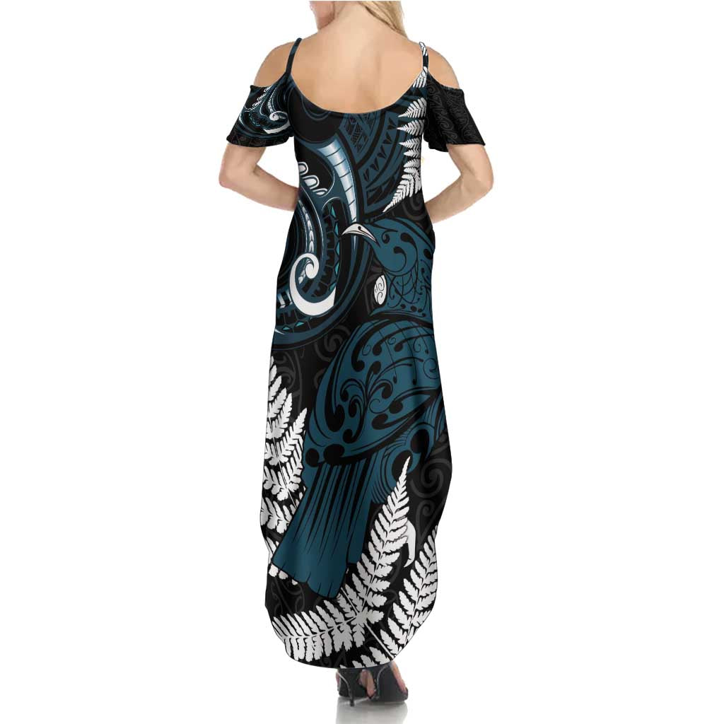 New Zealand Tui Bird Family Matching Summer Maxi Dress and Hawaiian Shirt Maori Kowhaiwhai LT7 - Polynesian Pride