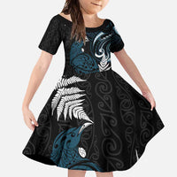New Zealand Tui Bird Family Matching Tank Maxi Dress and Hawaiian Shirt Maori Kowhaiwhai LT7 Daughter's Dress Teal - Polynesian Pride