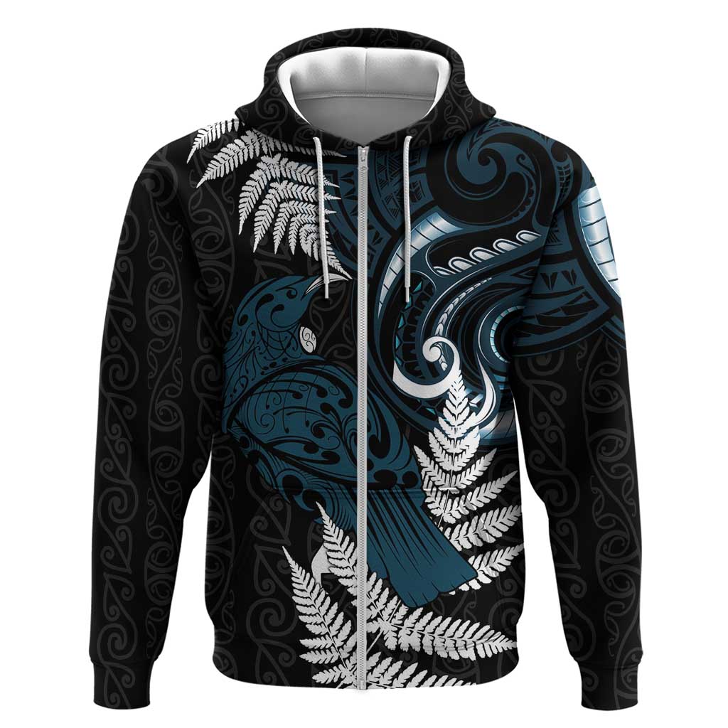New Zealand Tui Bird Hoodie Maori Kowhaiwhai LT7 Zip Hoodie Teal - Polynesian Pride