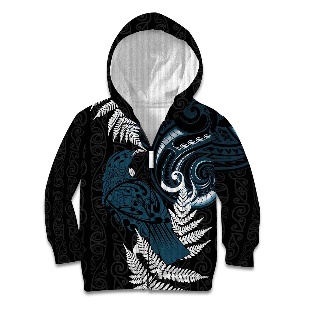 New Zealand Tui Bird Kid Hoodie Maori Kowhaiwhai LT7 Zip Hoodie Teal - Polynesian Pride