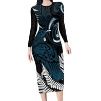 New Zealand Tui Bird Long Sleeve Bodycon Dress Maori Kowhaiwhai LT7 Long Dress Teal - Polynesian Pride