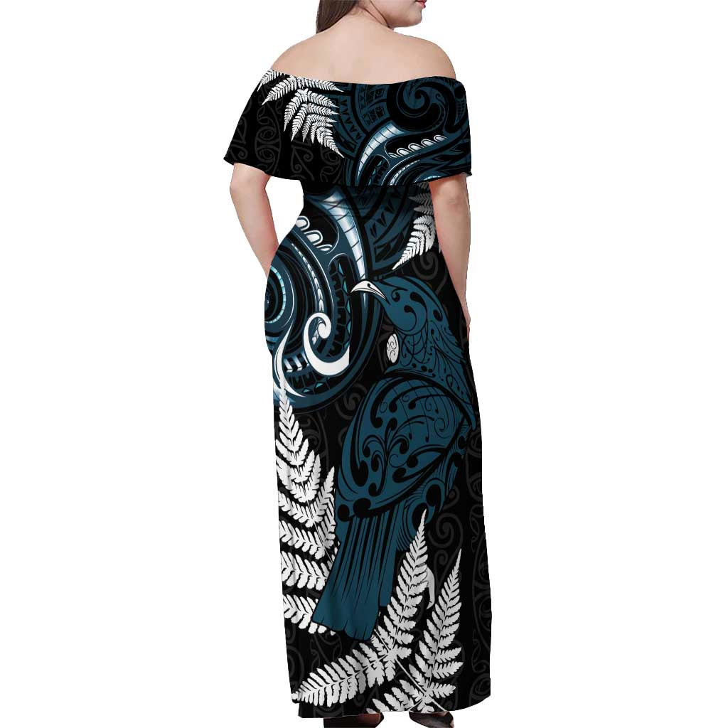 New Zealand Tui Bird Off Shoulder Maxi Dress Maori Kowhaiwhai LT7 - Polynesian Pride